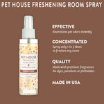 Pet House Freshening Room Spray bottle with features on a brown background