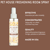 Pet House Freshening Room Spray bottle with features on a brown background