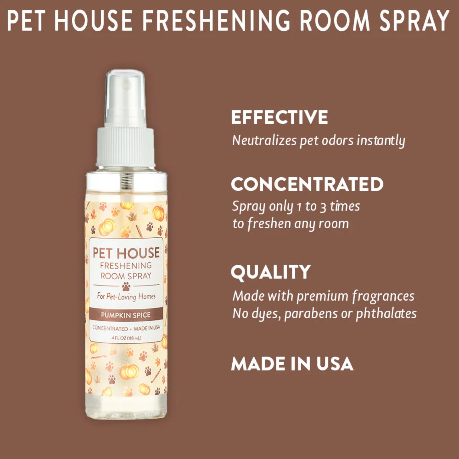 Pet House Freshening Room Spray bottle with features on a brown background