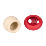 Beige and red wheel components on a white background