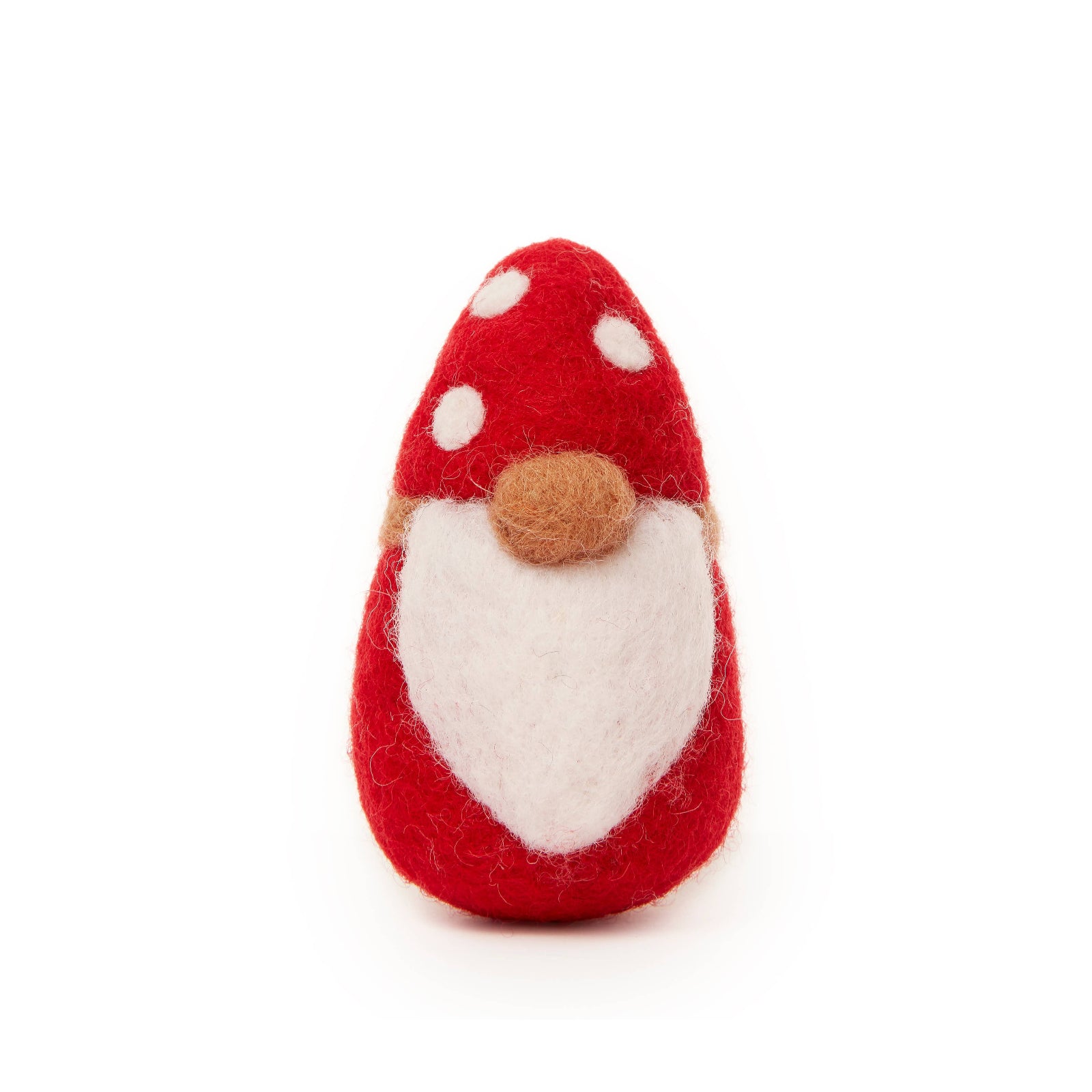 Red mushroom-shaped gnome with white face and brown nose on a white background