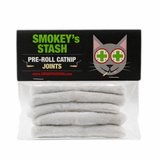 Pre-roll catnip joints packaging with a cat illustration and 'Smokey's Stash' branding.