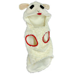 White fleece dog coat with sheep design on a white background