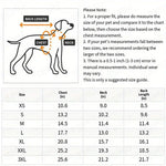 Dog size chart with measurements for chest, neck, and back length.