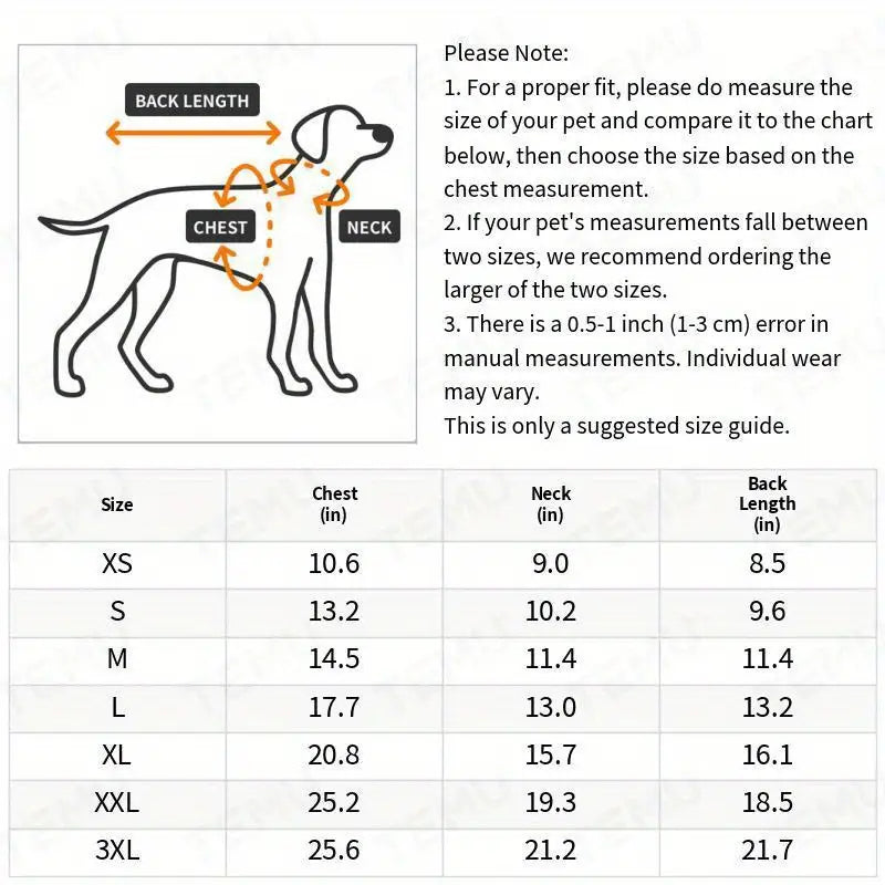 Dog size chart with measurements for chest, neck, and back length.
