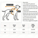 Dog size chart with measurements for chest, neck, and back length on a white background.
