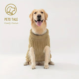 Dog wearing a beige sweater with 'Pets Tale' logo on a white background
