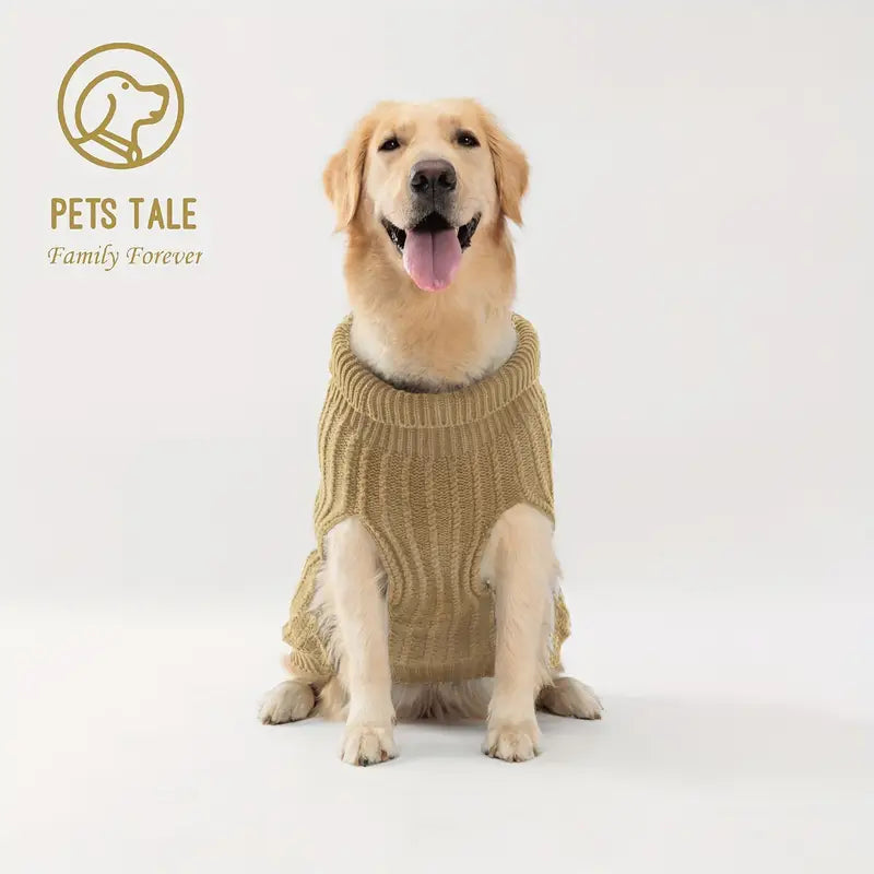 Dog wearing a beige sweater with 'Pets Tale' logo on a white background