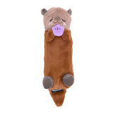 Plush toy resembling a beaver with a purple nose on a white background