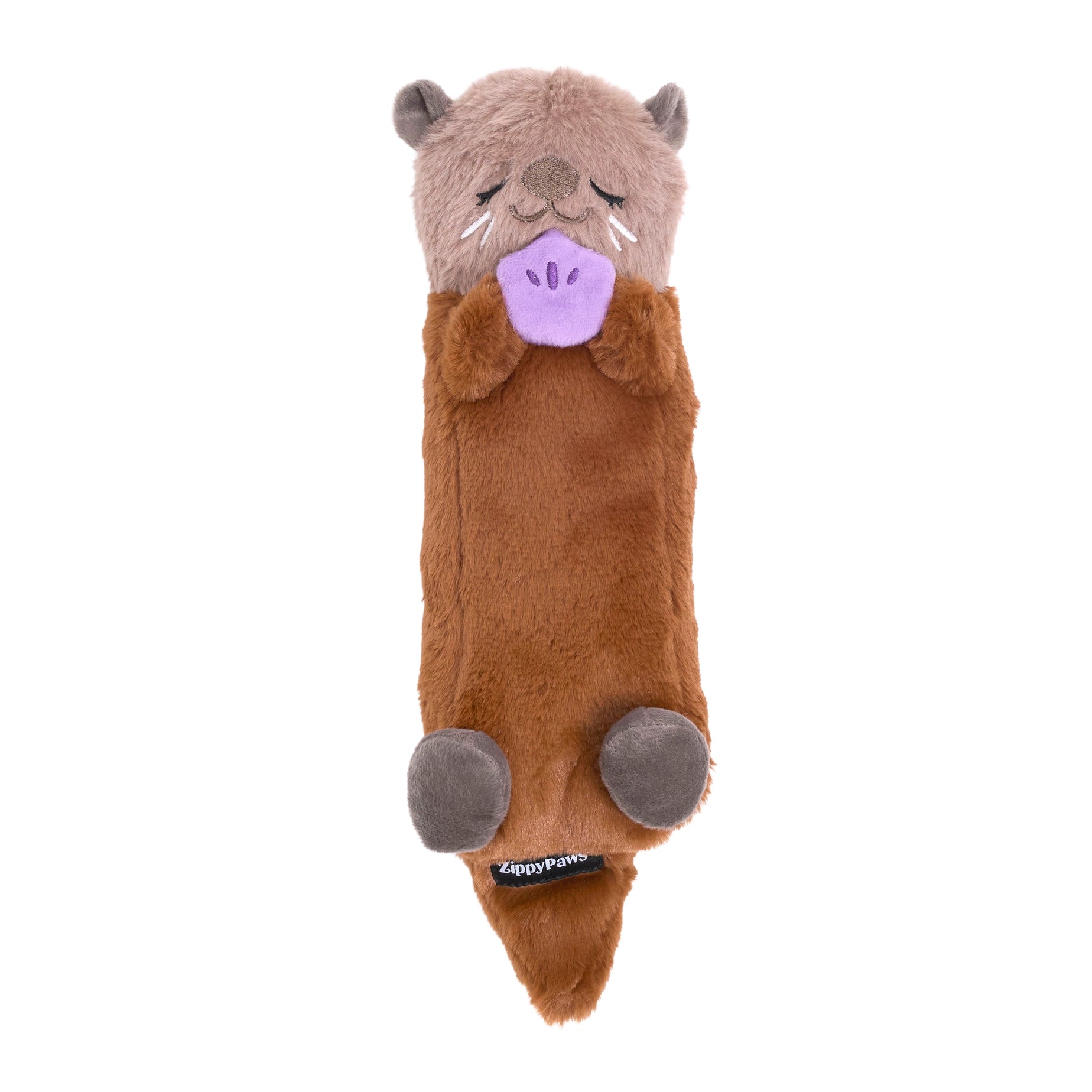 Plush toy resembling a beaver with a purple nose on a white background