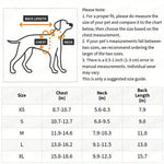 Dog size chart with measurements for chest, neck, and back length.
