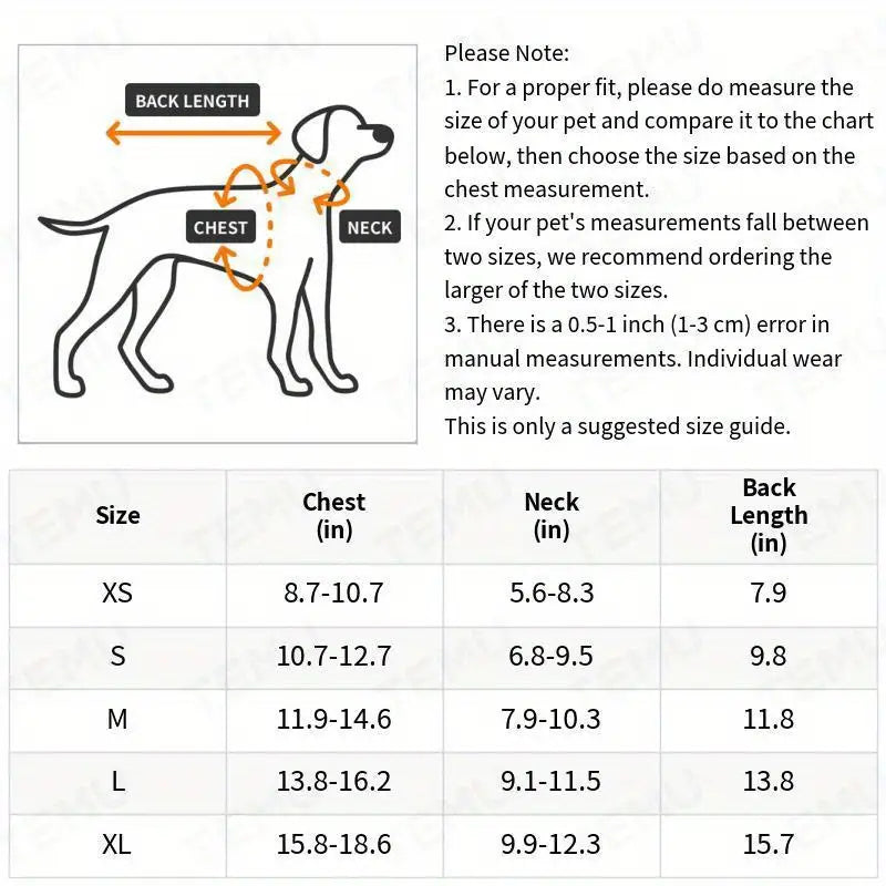 Dog size chart with measurements for chest, neck, and back length.