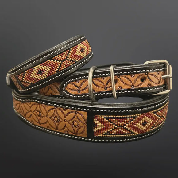 Tooled Leather Western Beaded Dog Collar