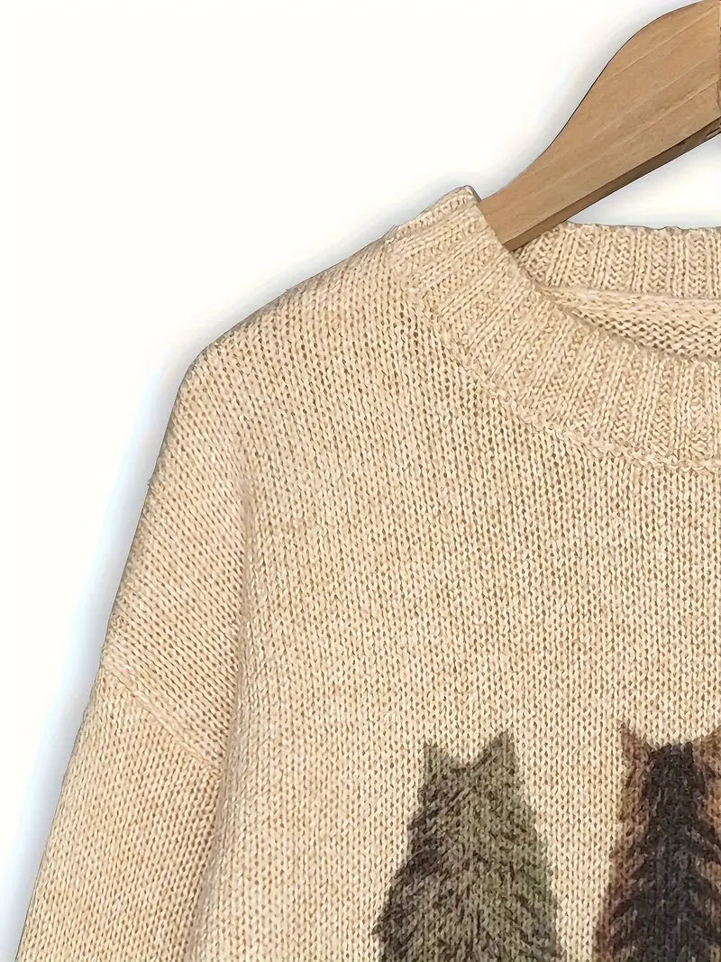 Beige sweater with cat pattern on a hanger against a white background
