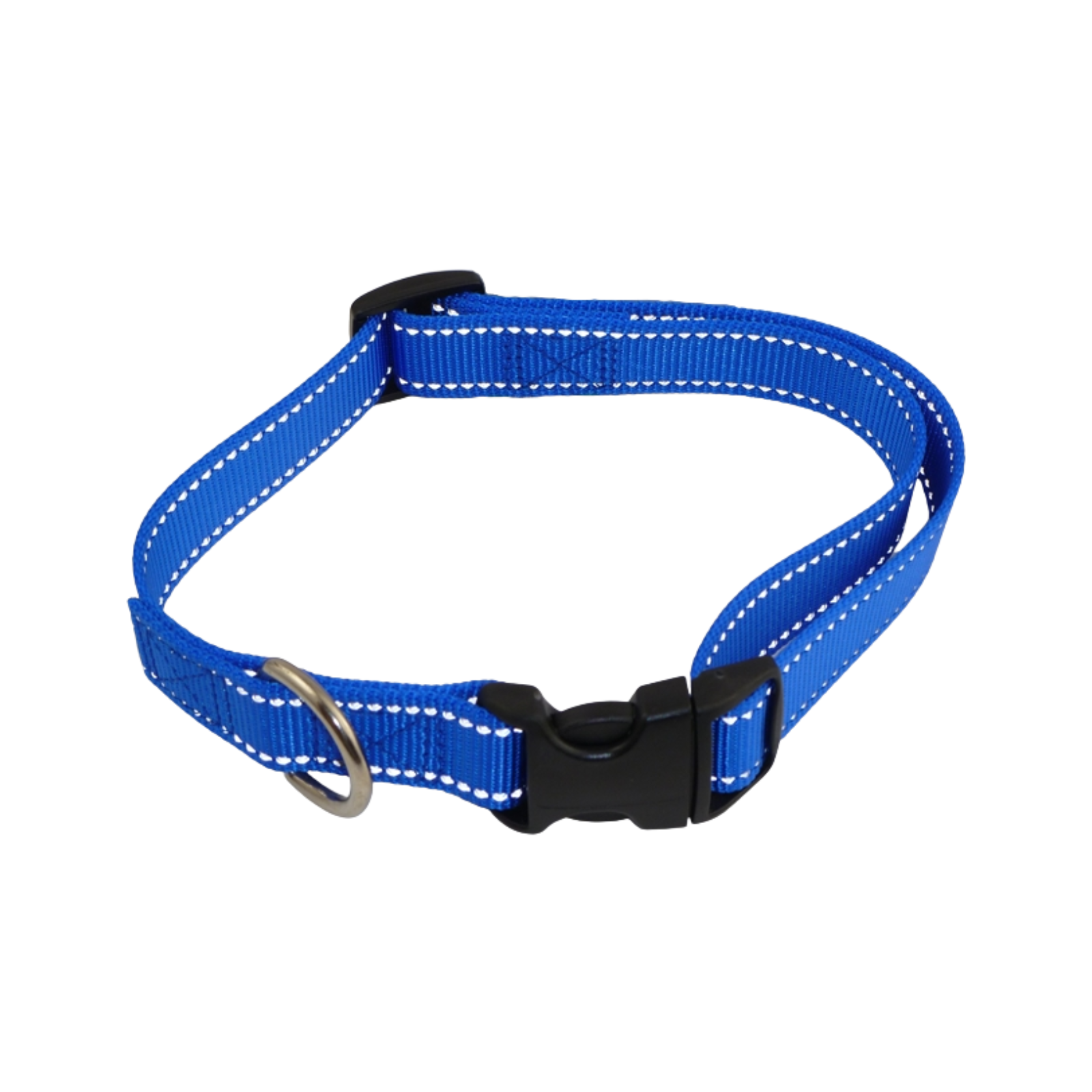 Blue dog collar with a black buckle on a white background
