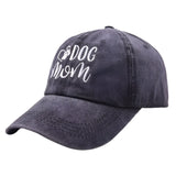 Navy blue cap with 'Dog Mom' text on a white background