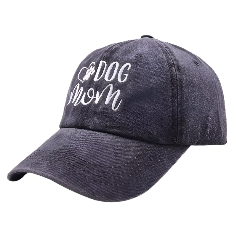 Navy blue cap with 'Dog Mom' text on a white background