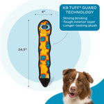 Dog toy with K9 Tuff Guard Technology features and a dog's head for scale on a light blue background