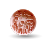 A round pink silicone mold with embossed tulips, clouds, and butterflies, shown on a white background with a soft shadow.