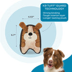 Dog toy with K9 TUFF GUARD TECHNOLOGY label and a dog's face on a blue background