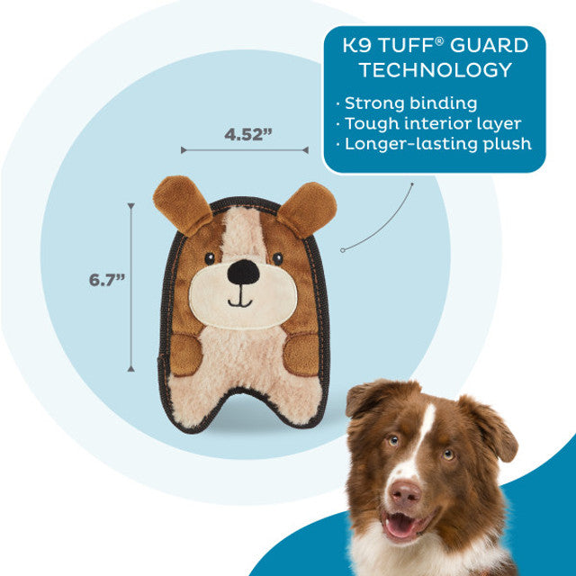 Dog toy with K9 TUFF GUARD TECHNOLOGY label and a dog's face on a blue background