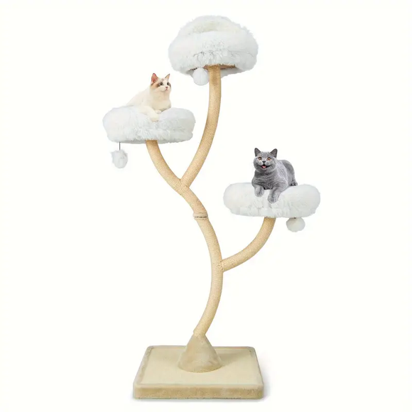 70in Multi-Level Tree With 3 Furry Bed Perches & Balls Cream
