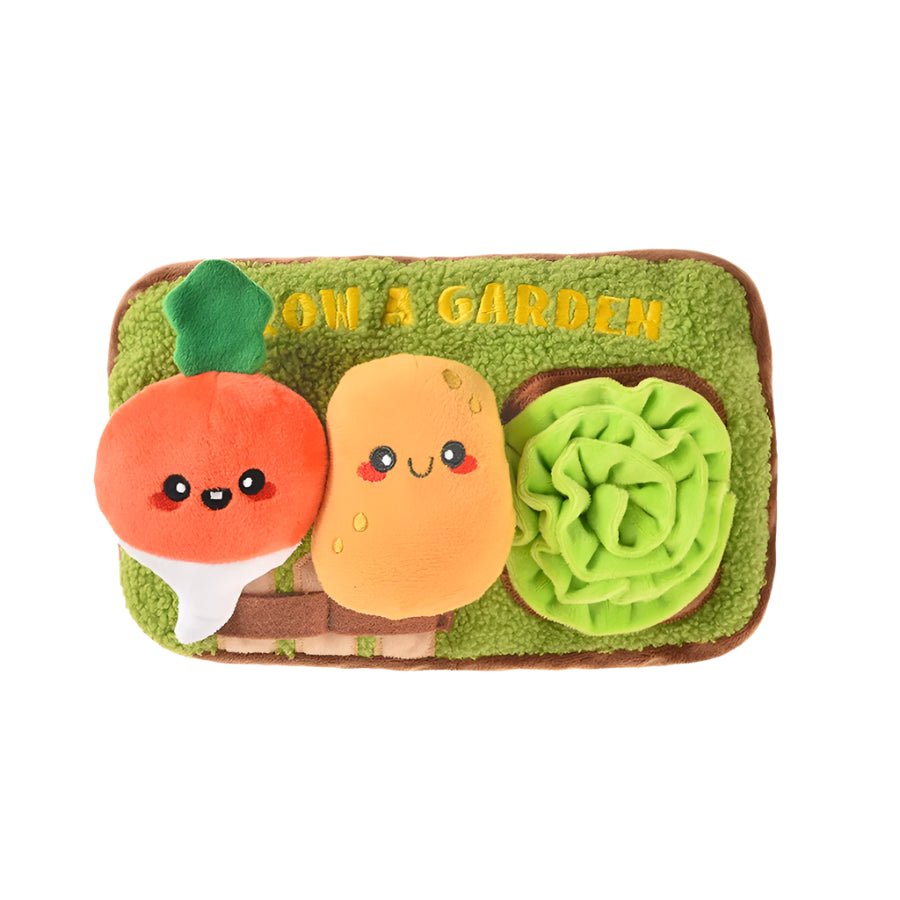 Plush toy shaped like a garden bed with cute vegetables on a white background