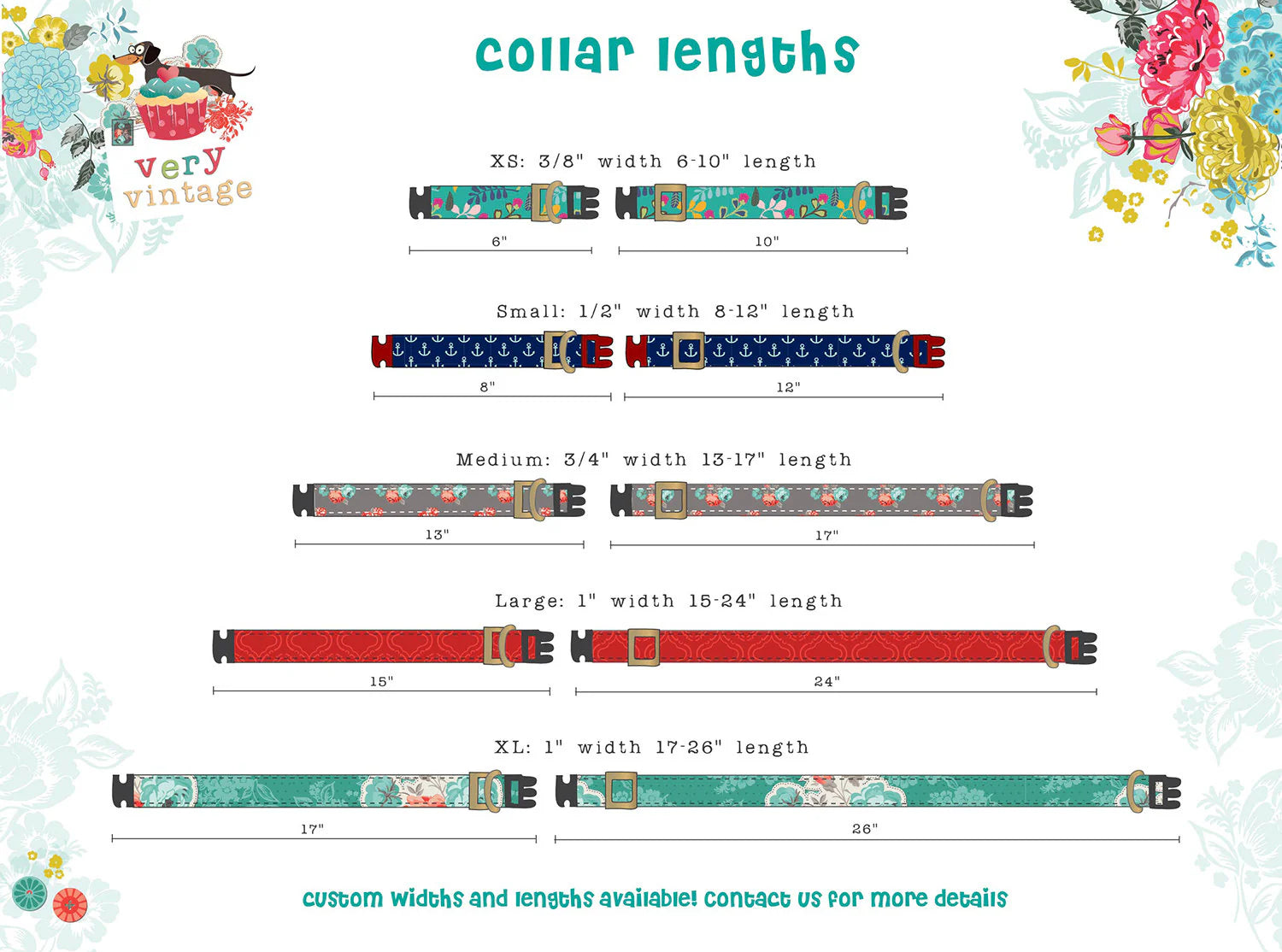 Collar length chart with colorful dog collars and measurements on a decorative background.