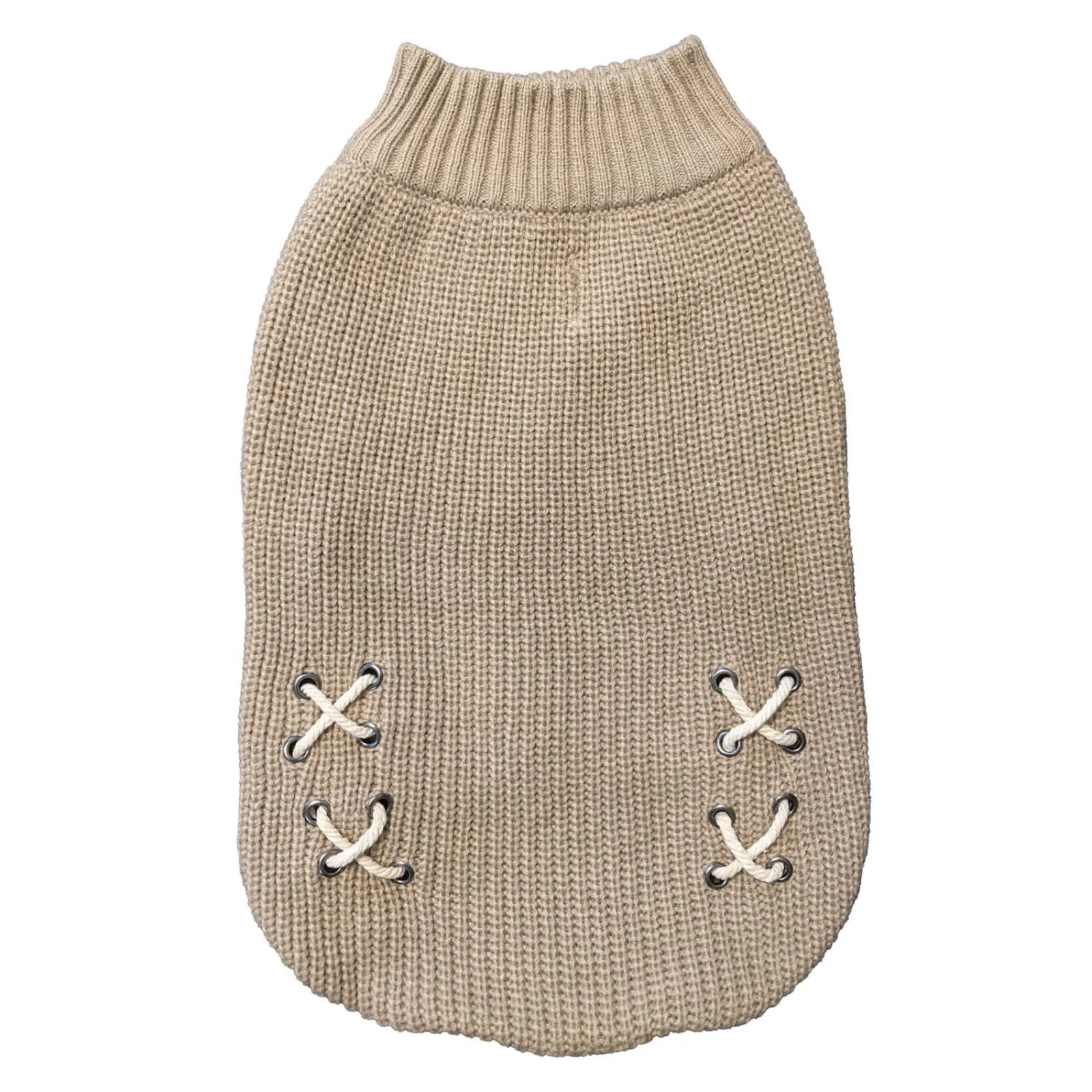 Beige knitted dog sweater with lace-up front on a white background
