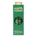Green package of earth rated poop bags with a clear window showing the product inside.