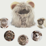 A fluffy lion costume hood with a faux-fur face, ears, and mane, shown centered on a light background with five circular inset photos of cats and a dog wearing similar lion costumes.