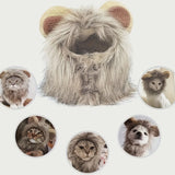 A fluffy lion costume hood with a faux-fur face, ears, and mane, shown centered on a light background with five circular inset photos of cats and a dog wearing similar lion costumes.
