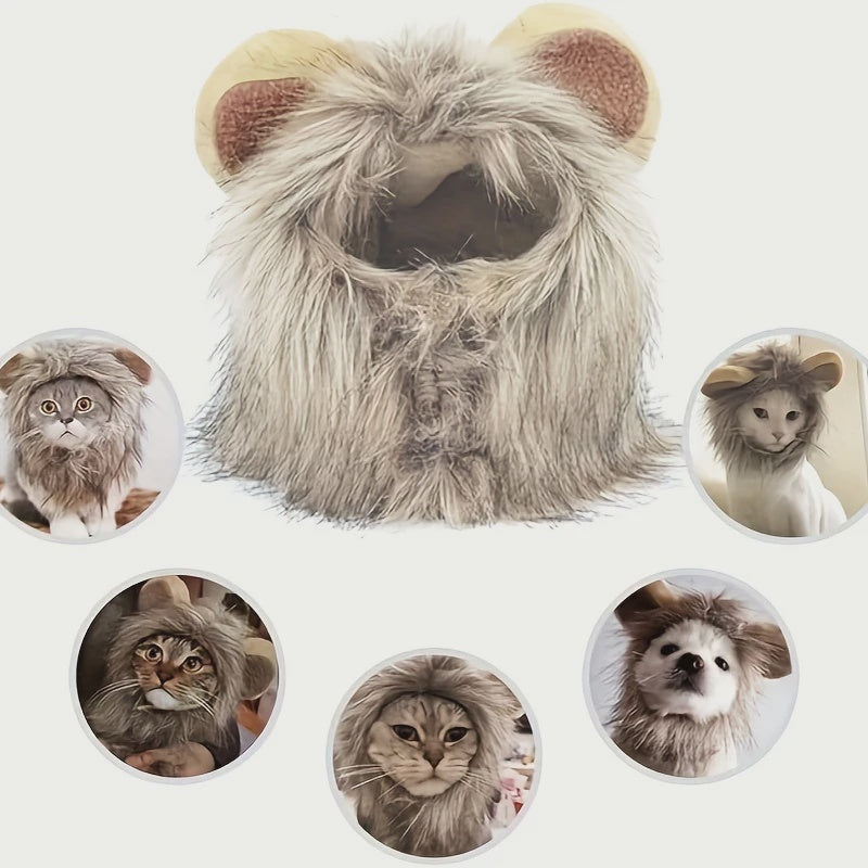 A fluffy lion costume hood with a faux-fur face, ears, and mane, shown centered on a light background with five circular inset photos of cats and a dog wearing similar lion costumes.