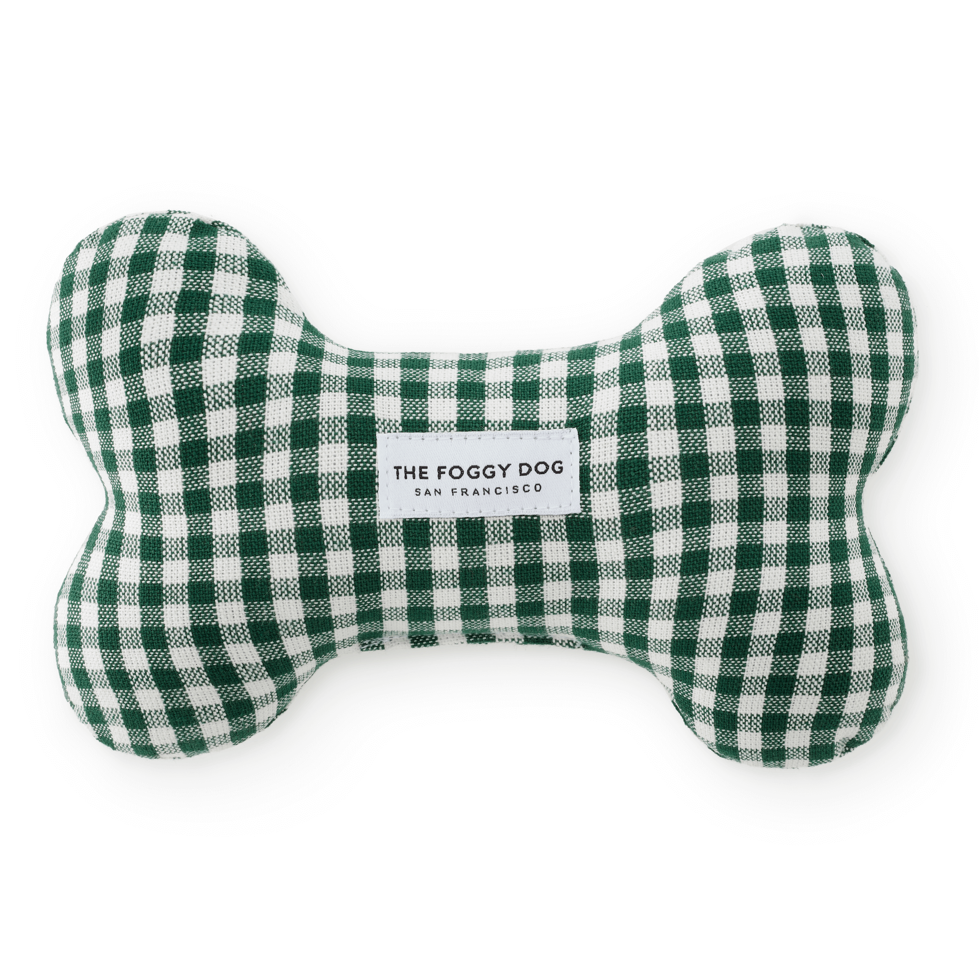 A bone-shaped dog toy made of green and white gingham fabric, featuring a white label in the center that reads 'THE FOGGY DOG 