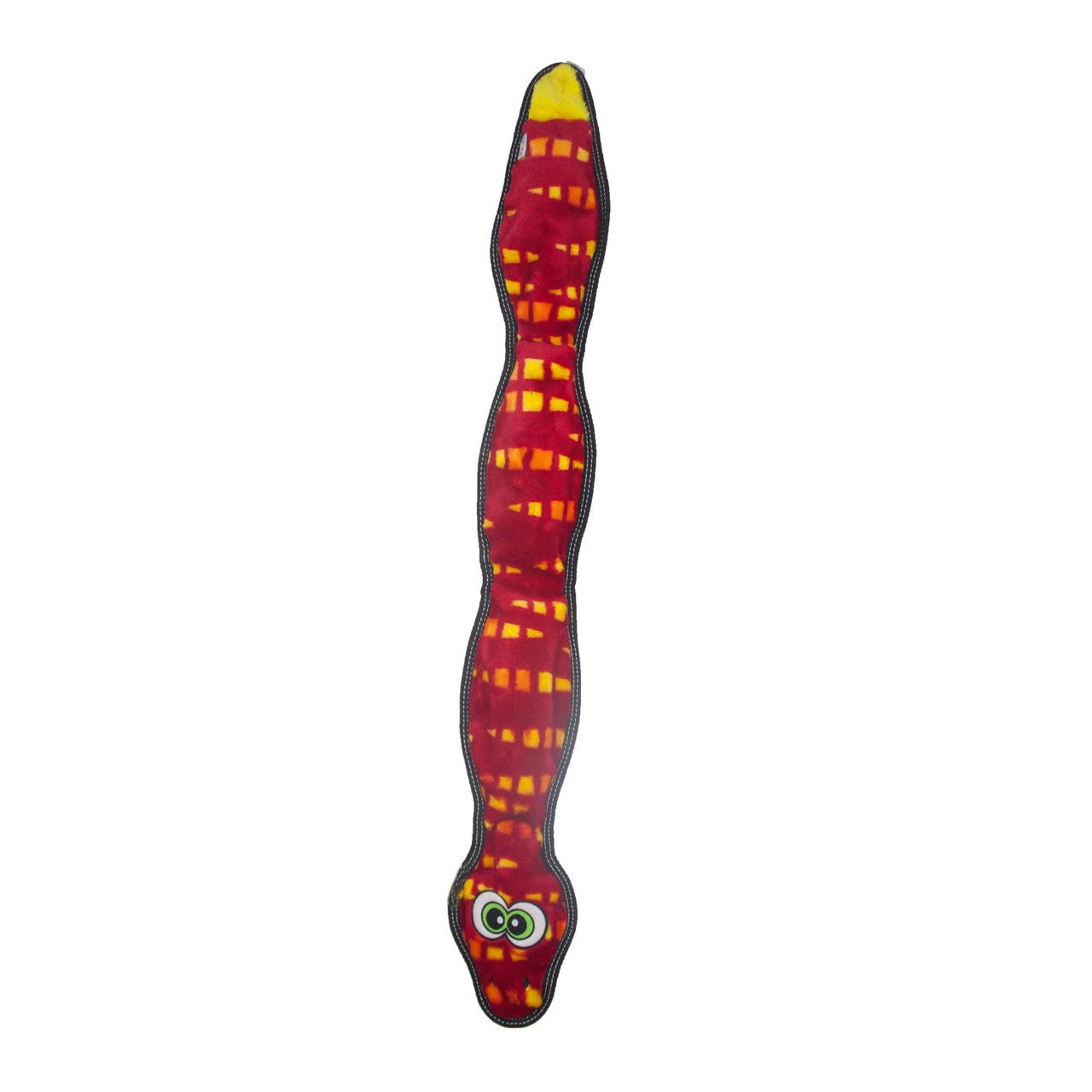 Colorful toy snake with a red body and yellow head on a white background