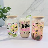 Dog Mom Pink Paw Glass Tumbler with Straw 16oz