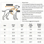 Dog size chart with measurements for chest, neck, back length, and weight range.
