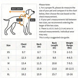 Dog size chart with measurements for chest, neck, back length, and weight range.