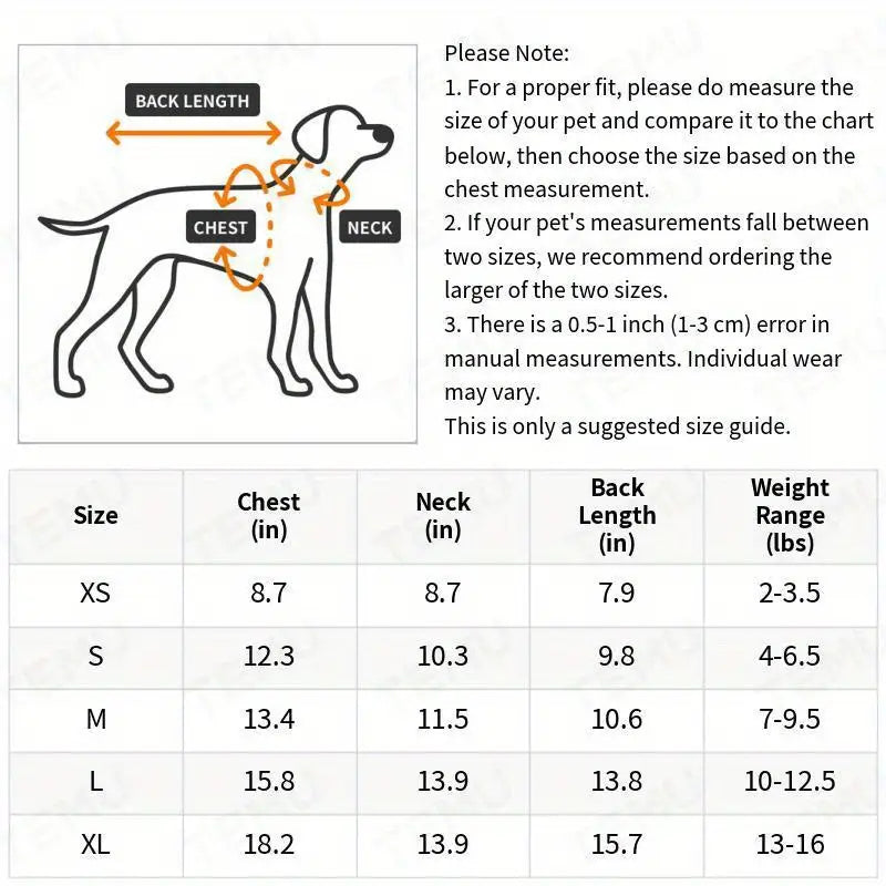 Dog size chart with measurements for chest, neck, back length, and weight range.