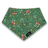 A triangular dog bandana featuring a green background with a detailed football-themed pattern of footballs, helmets, stars, and track and field equipment. A black brand label reading 'duolab' is visible near the bottom edge.
