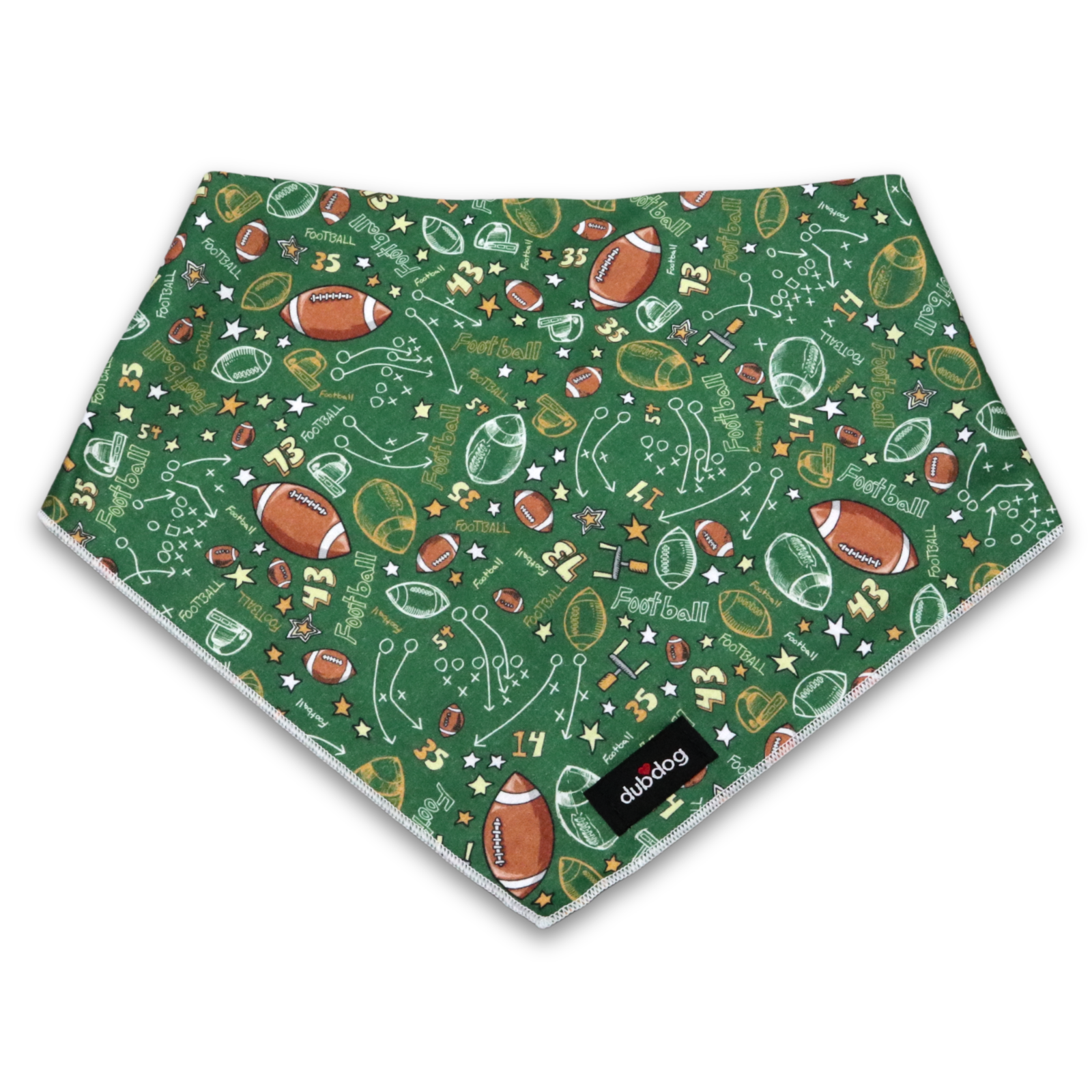 A triangular dog bandana featuring a green background with a detailed football-themed pattern of footballs, helmets, stars, and track and field equipment. A black brand label reading 'duolab' is visible near the bottom edge.