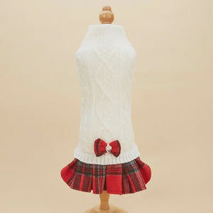 Cream Cable Sweater Dress with Red Plaid Skirt & Bow