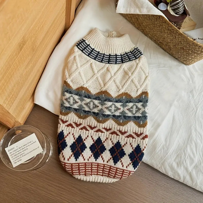 Knitted dog sweater with a pattern on a wooden surface