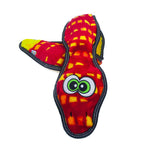 Colorful dog toy shaped like a snake with a cartoon face on a white background