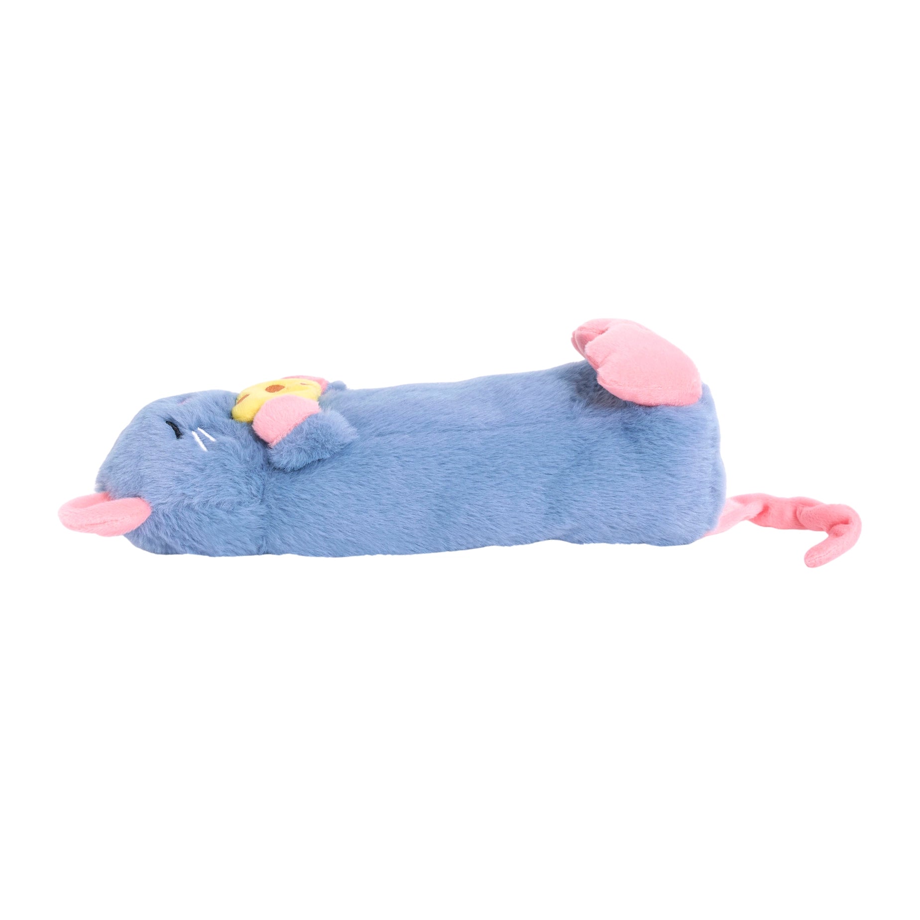 Blue plush toy shaped like a rat with pink ears and tail on a white background