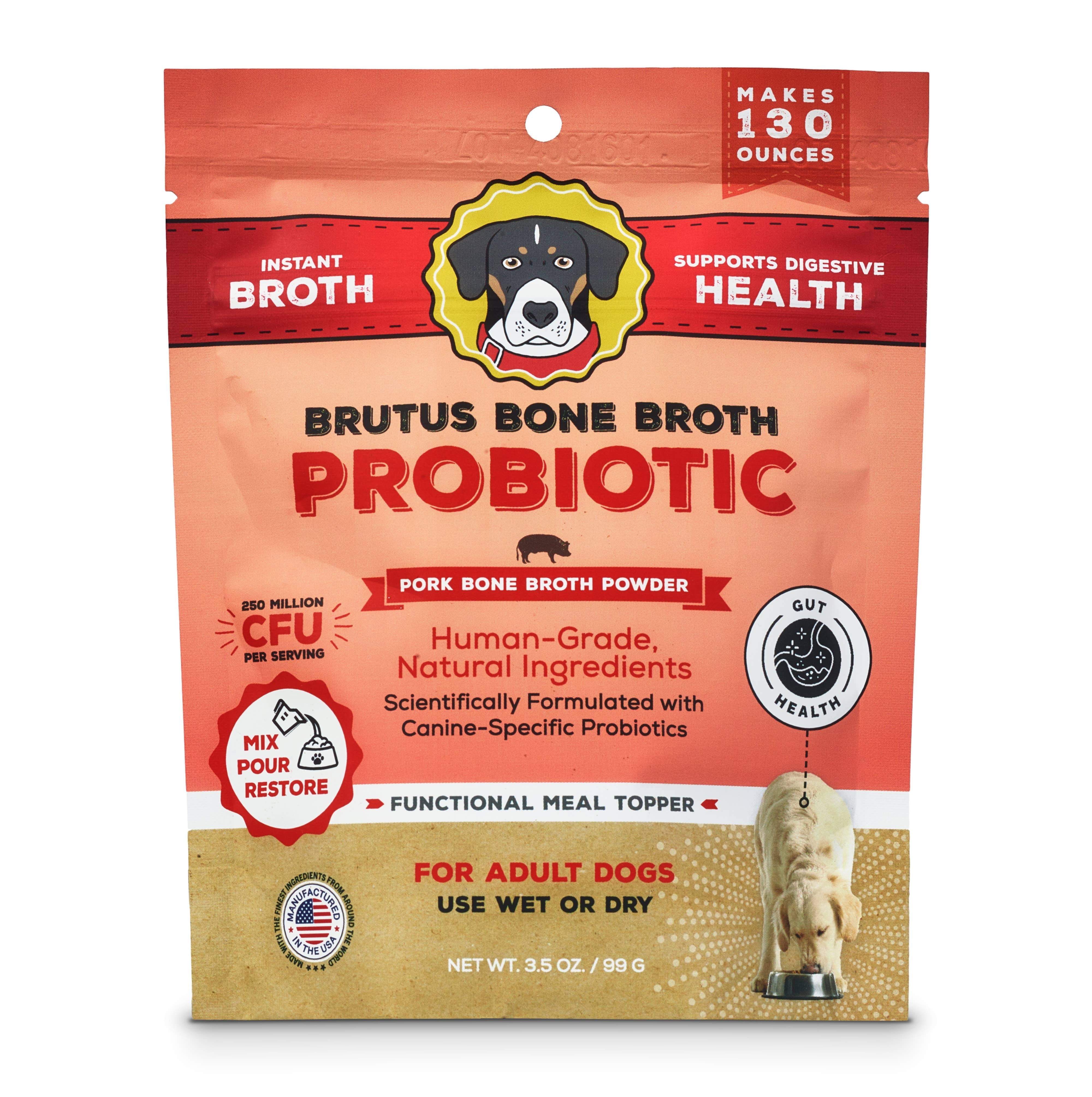 Brutus Bone Broth Probiotic package for adult dogs on a white background