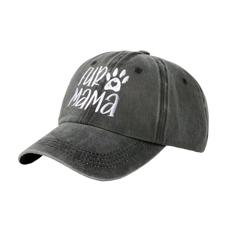 Gray cap with 'Fur Mama' text and paw print on a white background
