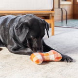 Black dog playing with a checkered bone-shaped toy on a carpeted floor.