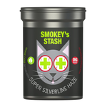 Black container labeled 'Smokey's Stash' with a cat graphic and text on a white background