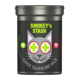 Black container labeled 'Smokey's Stash' with a cat graphic and text on a white background